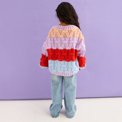 Mandy Kids Criss-Cross Stitch Balloon Sleeve Stripe Jumper