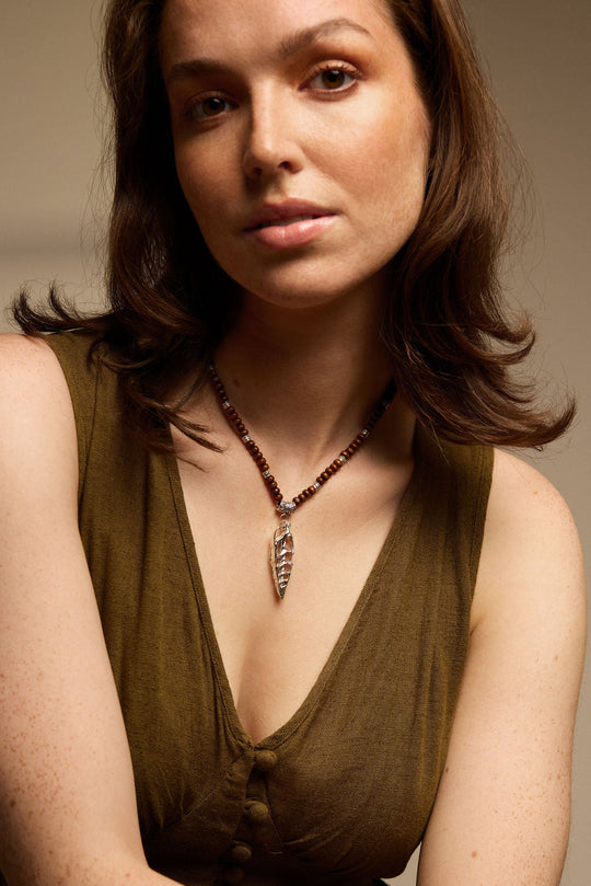 Sterling Silver Abstract Shell Spiral Beaded Necklace