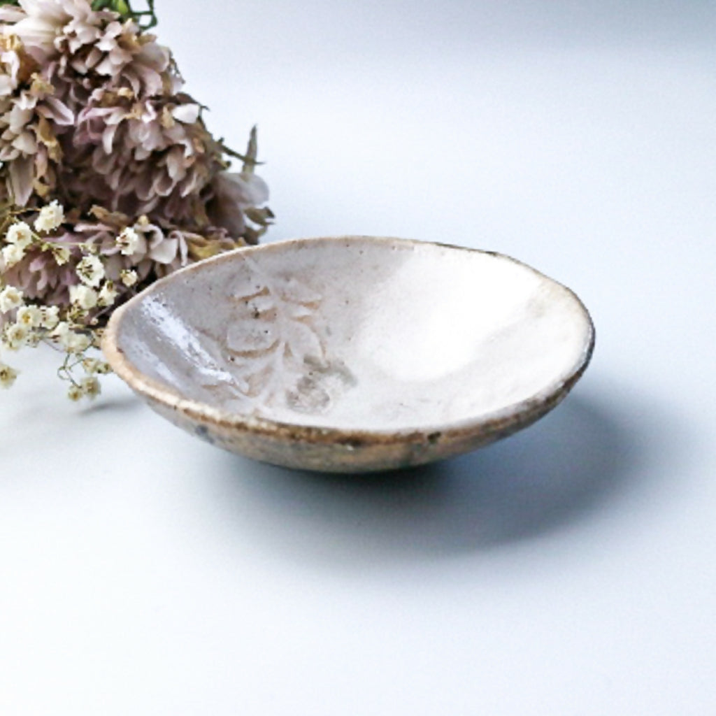 Raku Bowl in White Leaf Design