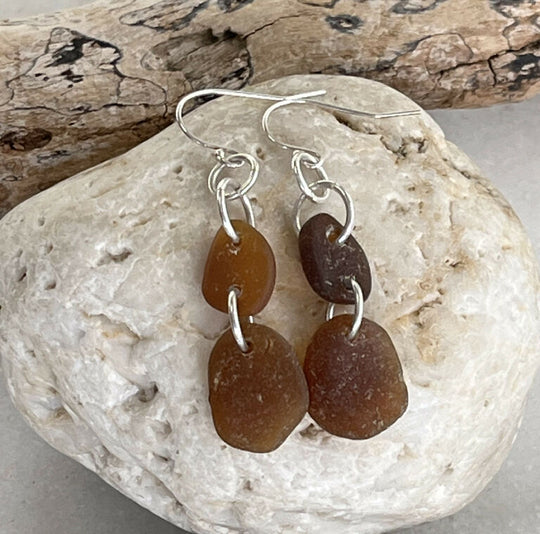 Amber sea glass and sterling silver earrings