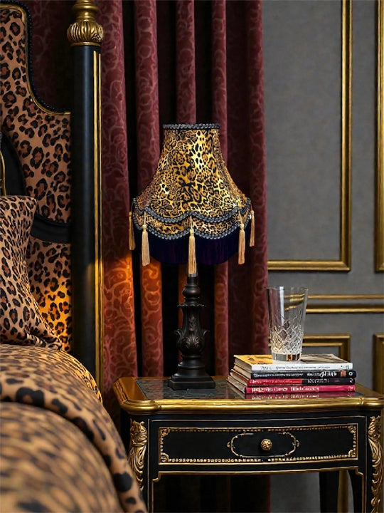Leopard Print Fabric Lampshades with black & gold mixed braids - Available in 8 Sizes