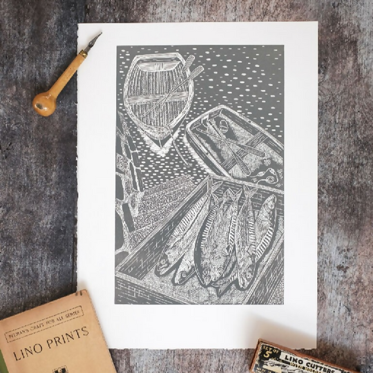Fresh Mackerel on Quayside, French Grey, Falmouth Cornwall Lino Print