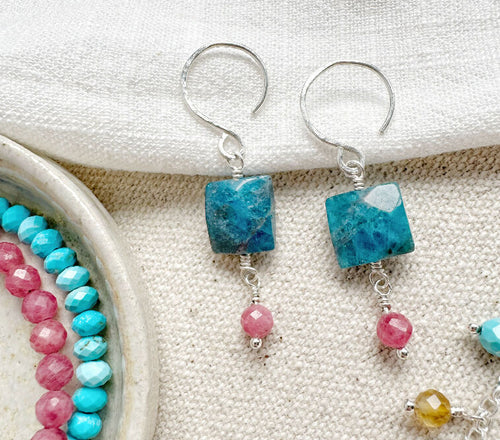 Summer Token Earrings with Apatite and Rhodochrosite