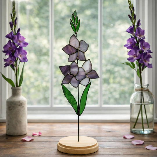 Stained Glass Gladiolus Stem – Tall Summer Bloom in Reclaimed Wooden Base