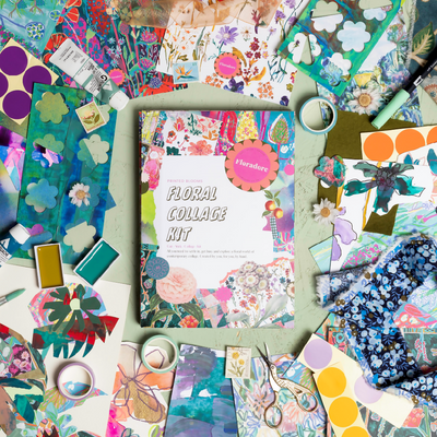 Floral Collage Kit on Green Square