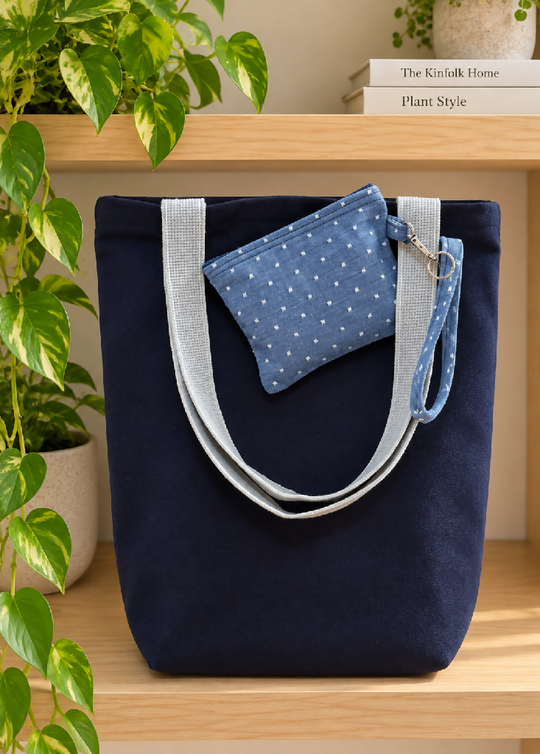 Handmade Navy Organic Tote Bag & Purse Set