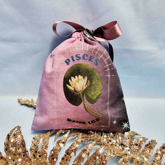 Pisces Water Lily Birth Flower Gift Pouch in Blue and Purple