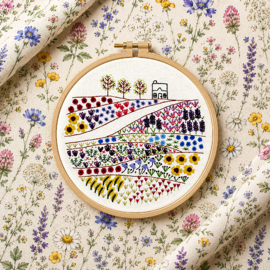 Flower Meadow Cottage Hand Embroidery Kit with Pre Printed Fabric and Colour Pattern for Beginners