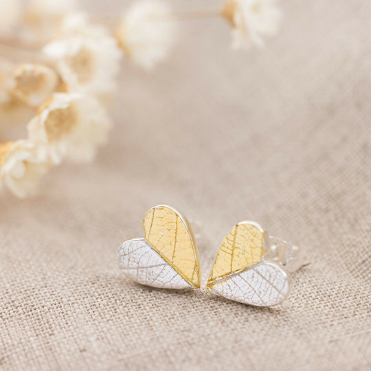 Handmade Gold and Silver Heart Stud Earrings with Leaf Texture