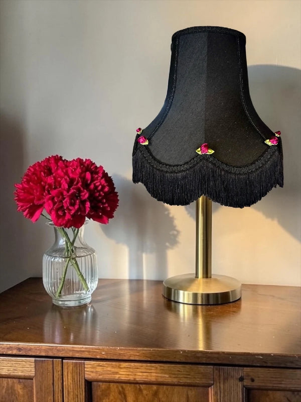 Bespoke handmade black fabric lampshades with red rose buds and green leaves - Available in 8 sizes