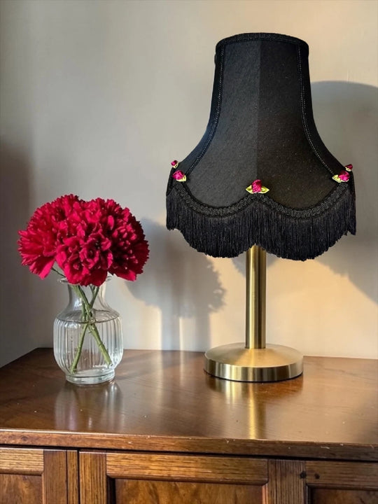 Bespoke handmade black fabric lampshades with red rose buds and green leaves - Available in 8 sizes