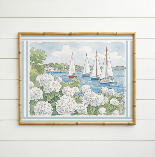 Nantucket Harbor Sailboat Watercolor Art White Hydrangea Coastal Wall Art Nantucket Harbor Artwork