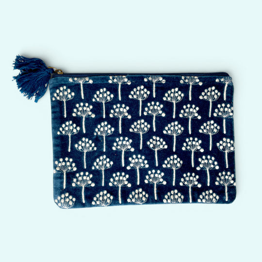 Embroidered Velvet Make Up Bag | Everyday Pouch | Allium Seedhead Floral in Navy Blue