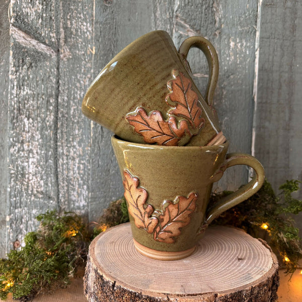 Mug with applied oak leaf decoration ceramic pottery rustic Olive Green