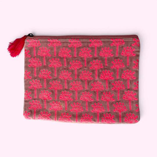 Embroidered Velvet Make Up Bag | Everyday Pouch | Allium Seedhead Floral in Neon Pinks