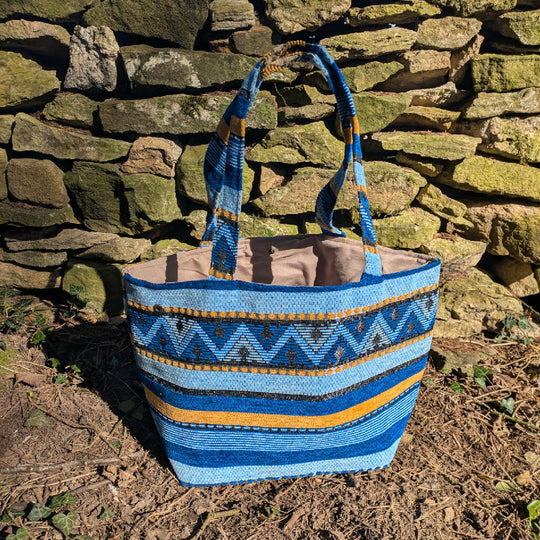 The Nador Small Expandable Fabric Tote in Blue and Yellow