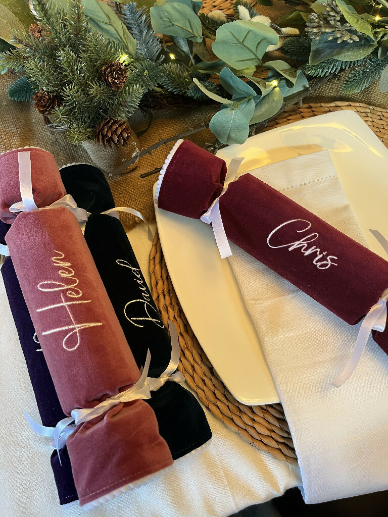 Personalised Velvet Christmas Crackers: Eco-Friendly Reusable Fabric - 9 colour options
