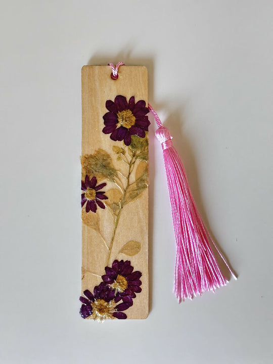 Rustic Cottage Core Style Multi-coloured Floral Wooden Pressed Flower Bookmark with Pink Tassel