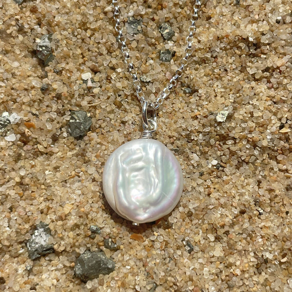 White Coin Freshwater Pearl Sterling Silver Pendant Necklace