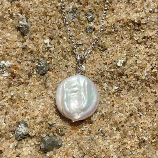 White Coin Freshwater Pearl Sterling Silver Pendant Necklace