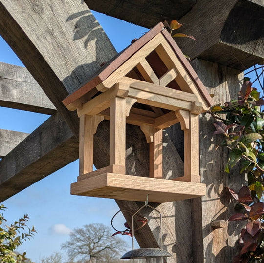 Oak Bird Table with Clay Tile Roof