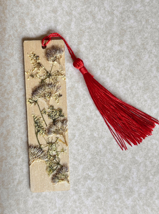 Red & Beige Floral Botanical Country Style Pressed Flower Wooden Bookmark Cottage Core