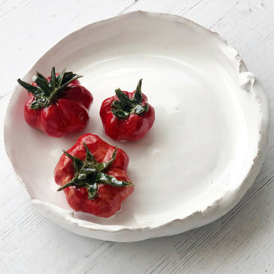 Handmade Ceramic Tomatoes on a Dish: Three Tomatoes on a Round Dish