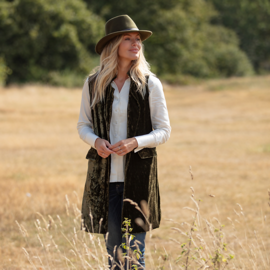 Long Silk Velvet Waistcoat In Olive Green