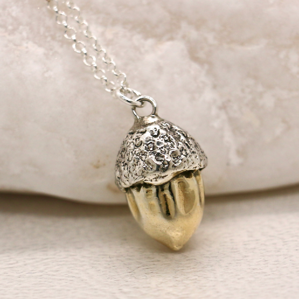 Silver Acorn Necklace with Gold Plating