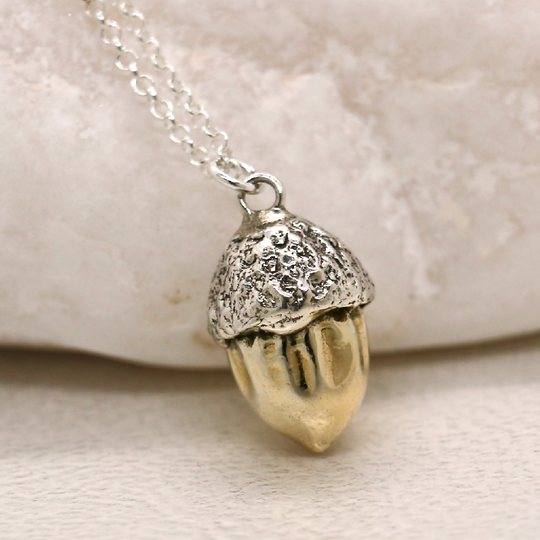 Silver Acorn Necklace with Gold Plating