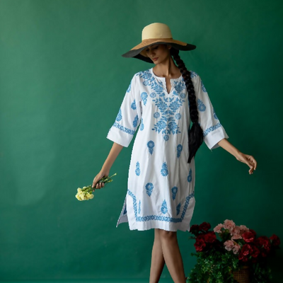 White Harriet Dress with Blue Hand Embroidery