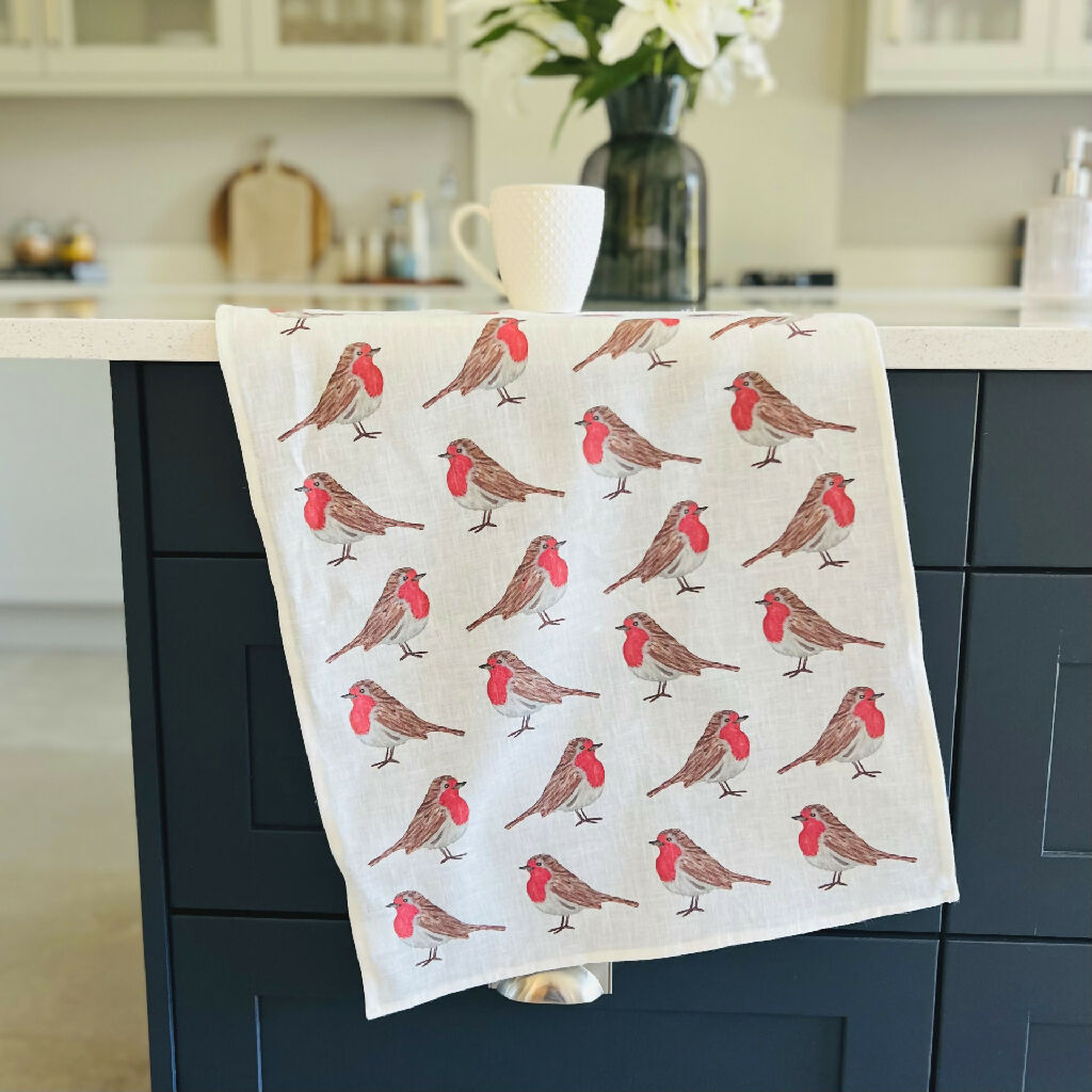 Christmas Linen Tea Towel in Little Robins Design