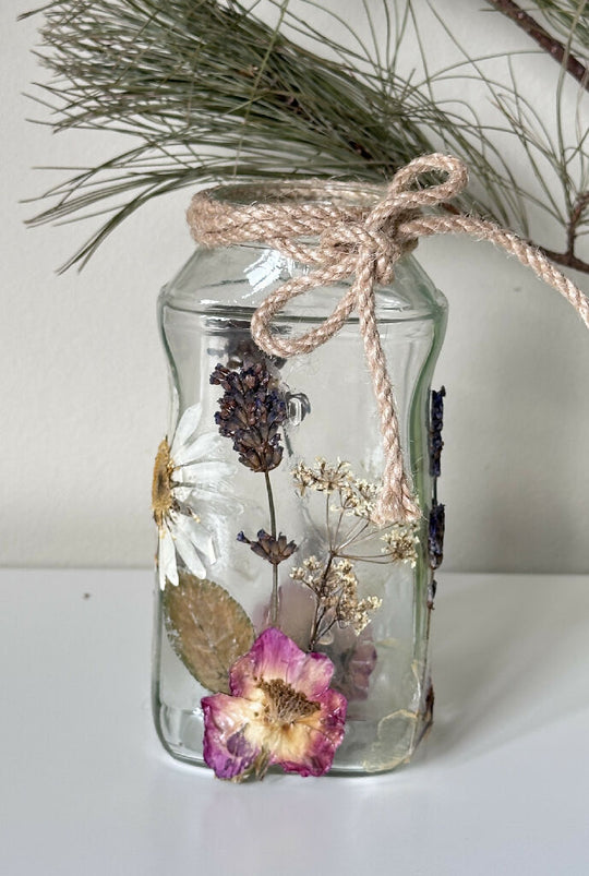 Pretty Tall Elegant Cottage Core Style Floral Glass Jar