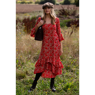 Victoria Midi Dress in Hot Red Swirl