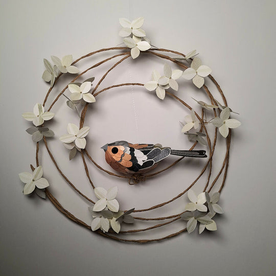 Chaffinch on a floral wreath paper sculpture wall art