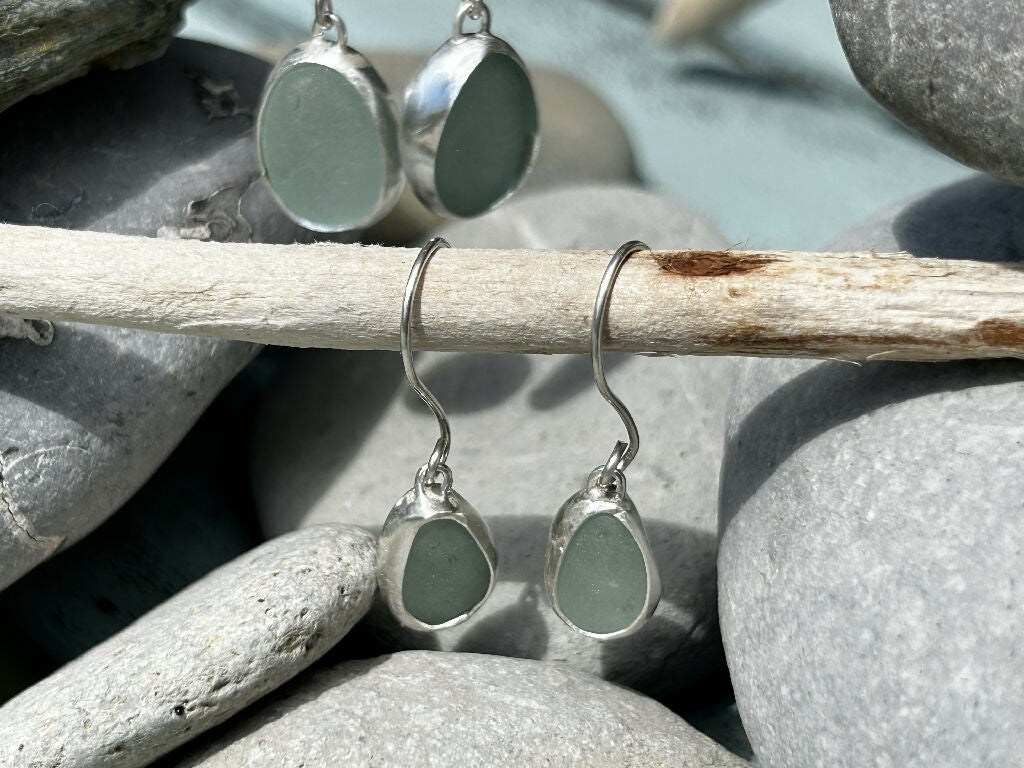 Aqua Soft Blue Seaglass & Silver Earrings
