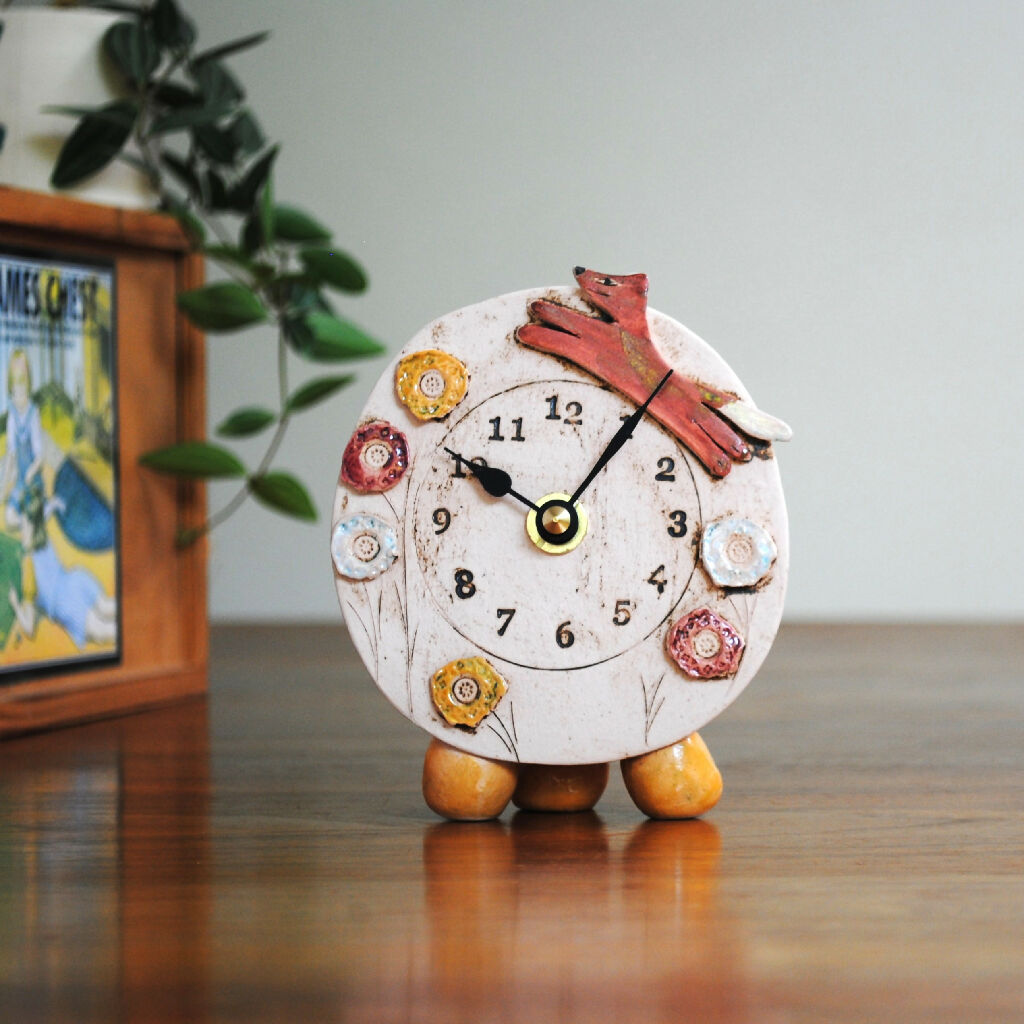 Small Mantel Clock With Fox And Meadow