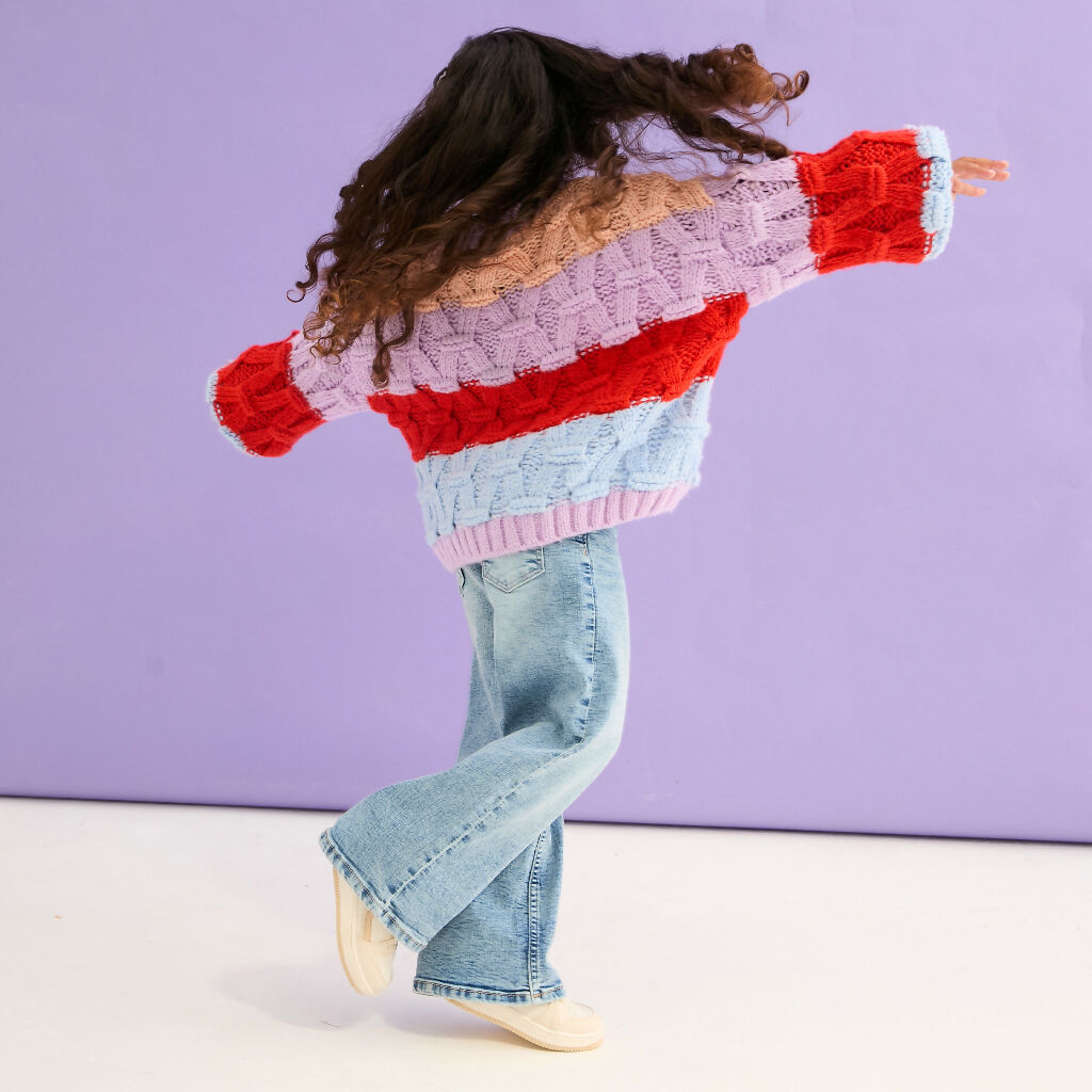 Mandy Kids Criss-Cross Stitch Balloon Sleeve Stripe Jumper