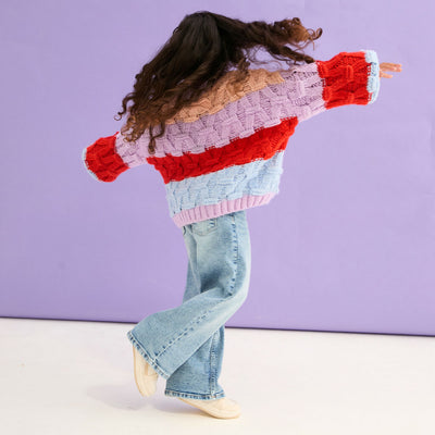 Mandy Kids Criss-Cross Stitch Balloon Sleeve Stripe Jumper