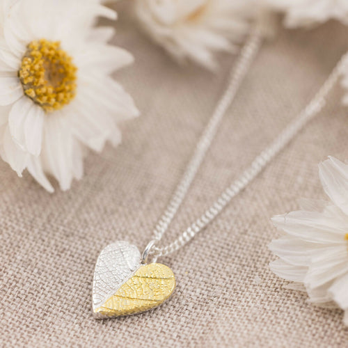 Silver & Gold Heart Leaf Print Pendant