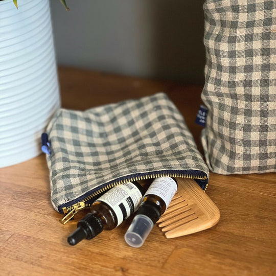 Sea Green Check Linen Makeup Bag