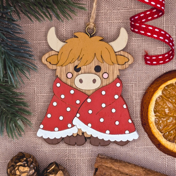 Wooden highland cow in blanket Christmas decoration