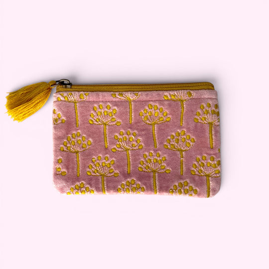 Embroidered Velvet Coin Purse | Allium seedhead flowers in pale pink
