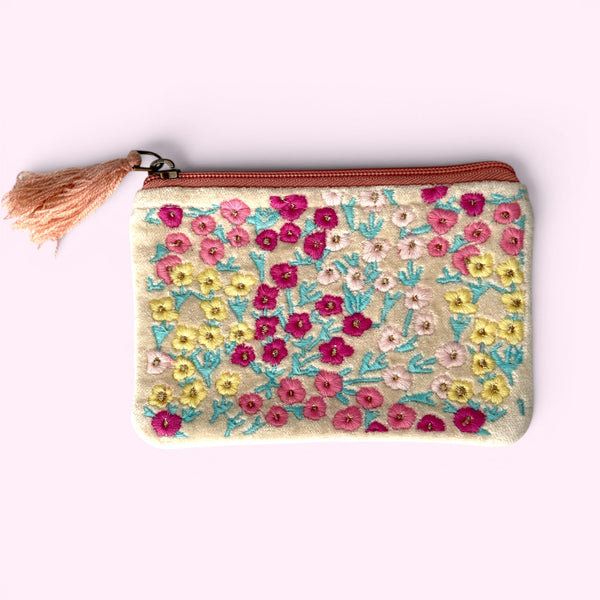 Embroidered Velvet Coin Purse | Ditsy Floral in Cream and Pastels