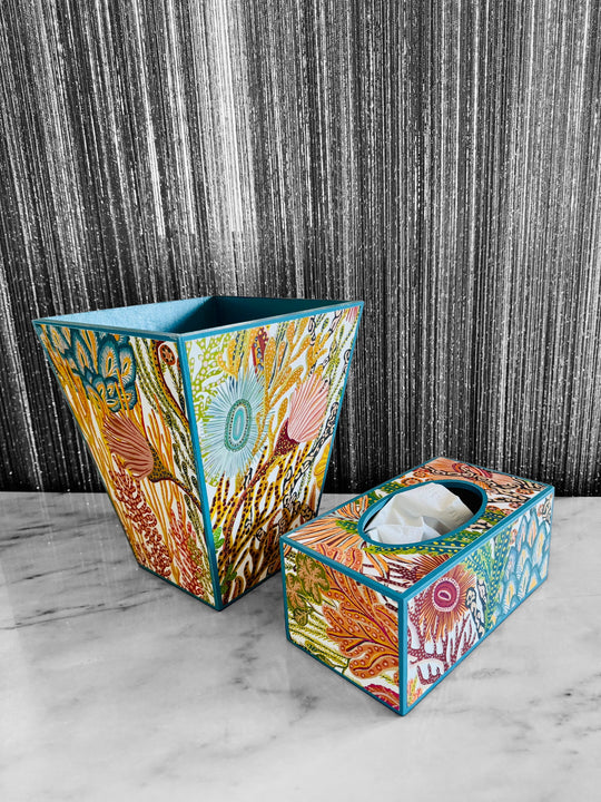 Coral Reef Matching Waste Paper Bin & Tissue Box Cover – Harlequin Acropora Decoupage in Brazilian Rosewood with Air Force Blue Trim