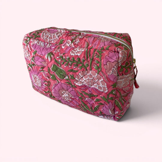 XL Toiletry Bag - Quilted Cotton Large Wash Bag in Pink Garden Floral Block Print