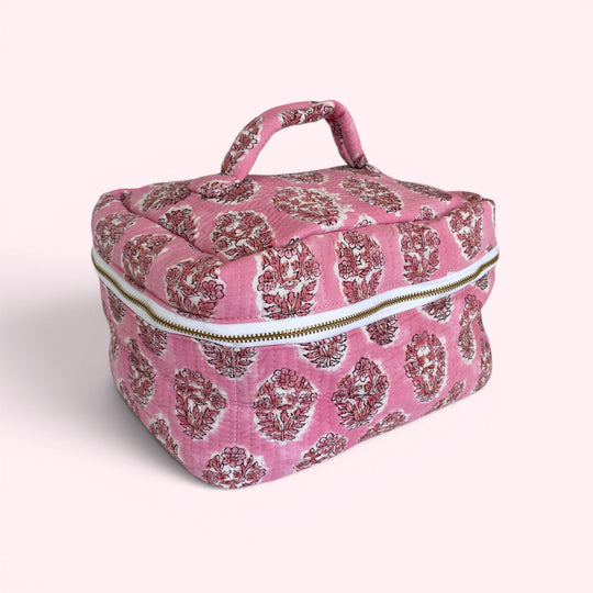Vanity Bag - Quilted Cotton Toiletry Bag in Pink Flower Block Print