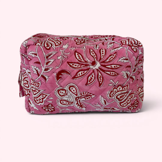 XL Toiletry Bag - Quilted Cotton Large Wash Bag in Pink and Red Flower Block Print