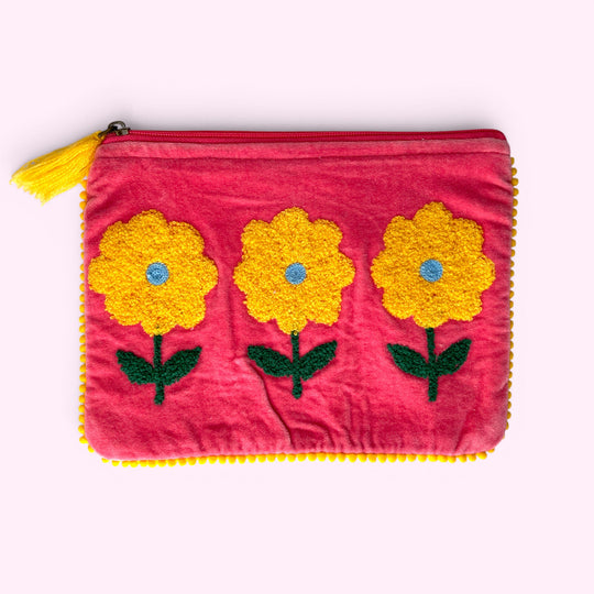 Embroidered Velvet Make Up Bag | Everyday Pouch | Pink Sunflower Design