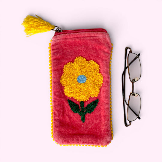 Embroidered Velvet Glasses Case | Pink Sunflower